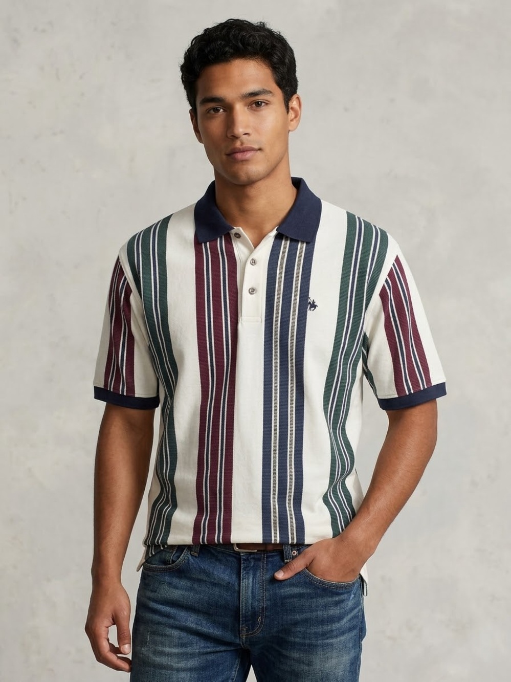 Men's Multi-Stripe Polo Shirt - Navy Collar